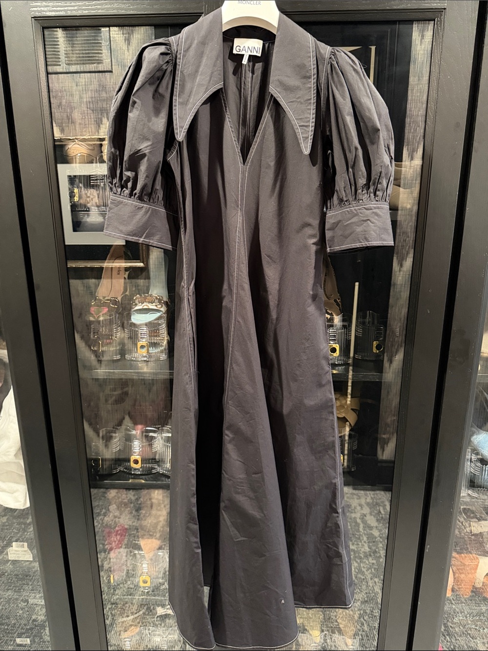 Ganni Black Puff-Sleeve Poplin Maxi Dress size 32